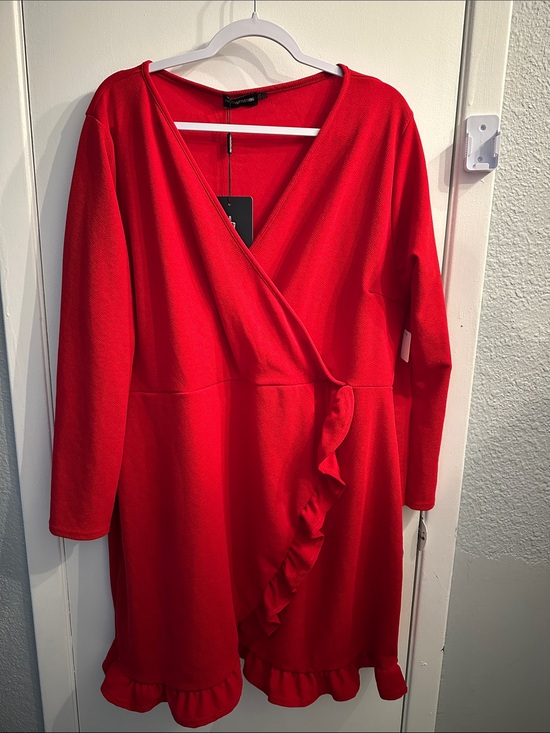 PrettyLittleThing Dresses & Skirts - Red Wrap-Style Women's Dress with Ruffle Trim